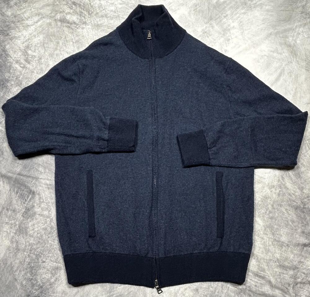 Polo Ralph Lauren Sweater Mens Large Blue Merino Wool Full Zip Mock Neck Knit
